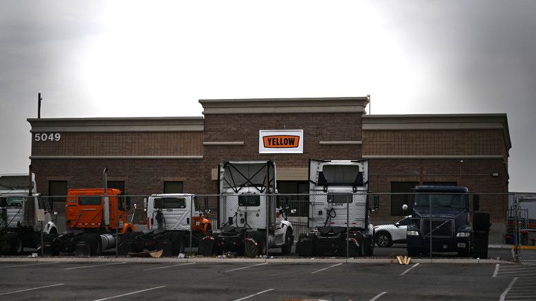 Trucks and trailers sit in a Yellow Corp. facility lot, which closed after the freight trucking company ceased all operations, in Las Vegas, Nevada, on July 31, 2023. 